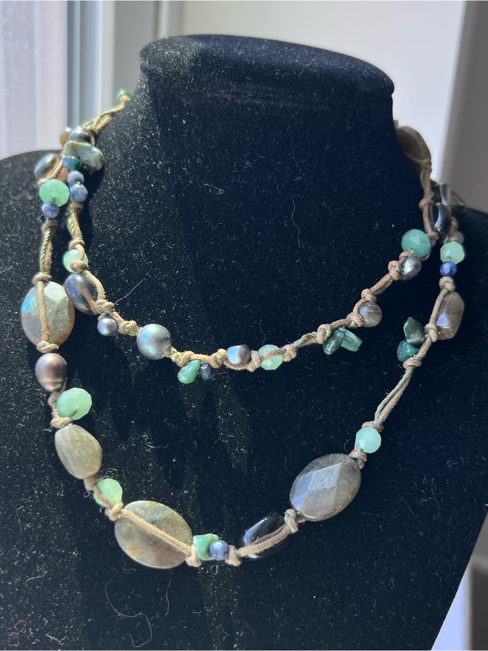 Bohemian-style Necklace features natural and faux stones Blue Green Mermaid